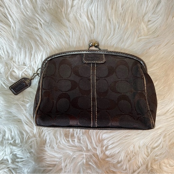 Vintage Coach Legacy Stripe Framed Beauty Pouch Chocolate Brown Kiss‑Lock 🤎🌈 - Picture 1 of 14